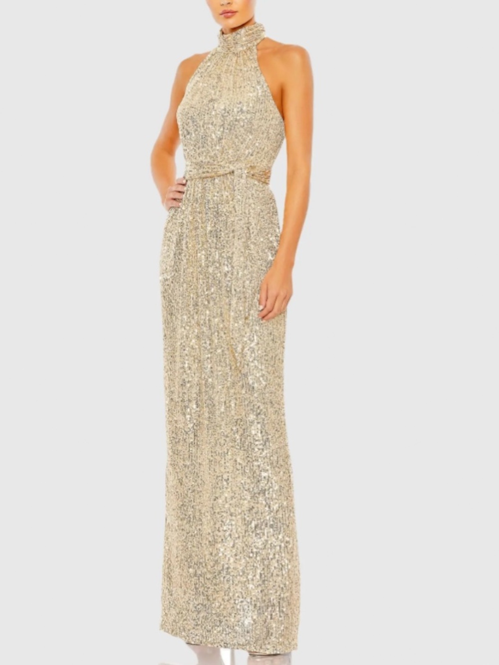IEENA FOR MAC DUGGAL Gold Sequin Halter Neck Column Gown With Tie Belt - Size 8